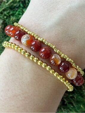 Natural Carnelian Bracelet Set 8mm Round Crystal Beads Gold Tone Accents